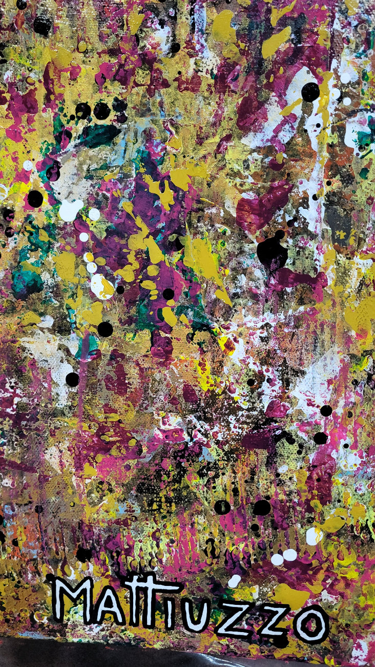 Abstract art with splashes of yellow, pink, and black on a textured background, featuring the artist's name 'Mattuzzo'.